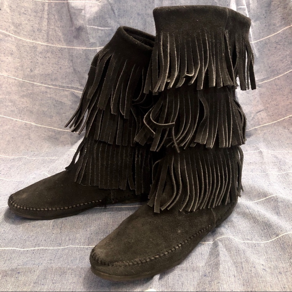 Minnetonka Three Layer Fringe Tall Boots Black